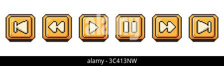 Ensemble de boutons de contrôle multimédia en style pixel art. Parfait pour les jeux rétro, les kits d'interface utilisateur et les interfaces 8 bits. Illustration de Vecteur