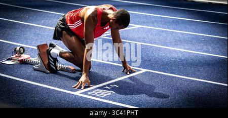 Berlin, Deutschland. 27 juillet 2025. IM Startblock : Emil Agyekum (GER) ; ISTAF Berlin AM 27.07.2025 im Olympiastadion in Berlin (Deutschland). Crédit : dpa/Alamy Live News Banque D'Images