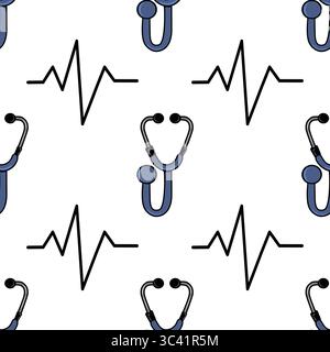 Un motif vectoriel sans couture avec des stéthoscopes et des lignes de battement de coeur sur un fond blanc. Les stéthoscopes sont illustrés en bleu et noir, tandis que Illustration de Vecteur