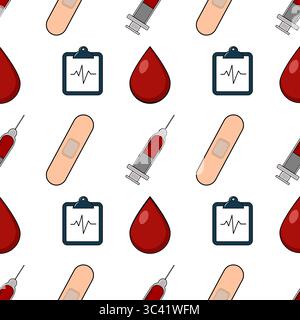 Un motif vectoriel sans couture comprenant des éléments médicaux tels que des seringues, des gouttes de sang, des bandelettes et des tableaux médicaux. Le design est coloré et approprié Illustration de Vecteur