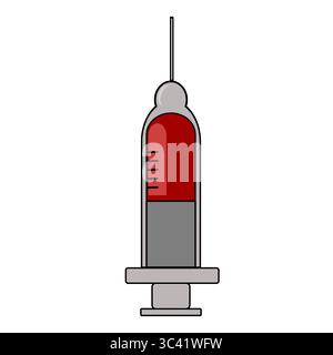 Seringue de style dessin animé vectoriel remplie de liquide rouge, dotée d'un cylindre transparent, de marques de mesure, d'un piston et d'une base grises. Illustration de Vecteur
