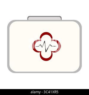 Illustration vectorielle simple d'une trousse de premiers soins avec une croix rouge et un motif de ligne de battement de coeur. Le kit est de couleur claire avec un contour gris, symbo Illustration de Vecteur