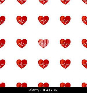 Un motif vectoriel sans couture de coeurs rouges avec une ligne de battement de cœur, placé sur un fond blanc. Le design est simple et idéal pour le thème lié à la santé Illustration de Vecteur