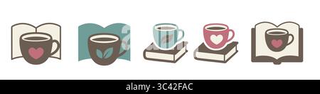 Ensemble d'art plat vectoriel montrant des tasses à café avec des livres, des coeurs et des feuilles. Illustration de Vecteur