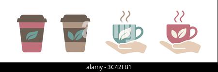 Tasses à café écologiques, y compris les modèles à emporter et les tasses à vapeur. Illustration de Vecteur