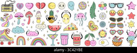 Définissez des éléments groovy rétro dans un style de dessin animé rétro à la mode. Charcters, fleurs, champignons, lunettes de soleil, signe de paix, stickers coeur, arc-en-ciel, hippie Illustration de Vecteur