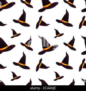 Un motif sans couture de chapeaux de sorcière disposés dans un style répétitif ludique, fait dans un style aquarelle. Parfait pour les décorations d'Halloween, les tissus et le Banque D'Images