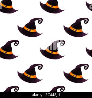 Modèle sans couture de chapeaux de sorcière disposés dans un style d'aquarelle répétitif. Parfait pour les décorations d'Halloween, les tissus et les motifs à thème. Banque D'Images