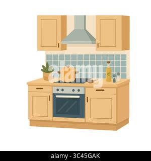 Intérieur de cuisine moderne avec ustensiles de cuisine et décor, illustration vectorielle plate Illustration de Vecteur