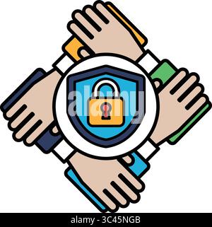 Un groupe de personnes tenant les mains autour d'un bouclier bleu avec un trou de serrure. Le bouclier est un symbole de protection et de sécurité Illustration de Vecteur