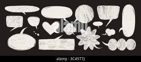 Vecteur de bulle de parole de crayon défini en blanc sur noir avec texture de craie. Texte et discours dessinés à la main. Idéal pour les dessins de tableau noir, les bandes dessinées Illustration de Vecteur