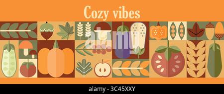 Collage géométrique de récolte automnale des vibrations d'automne. Bannières avec des éléments d'automne dans le style Bauhaus. Conception d'affiche d'automne. Illustration de Vecteur