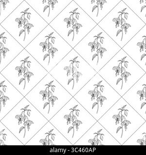 Un motif vectoriel sans couture avec des illustrations florales délicates disposées dans une disposition de grille de diamant. Le design est monochrome, mettant en valeur des complexes Illustration de Vecteur