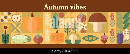 Collage géométrique de récolte automnale des vibrations d'automne. Bannières avec des éléments d'automne dans le style Bauhaus. Conception d'affiche d'automne. Illustration de Vecteur