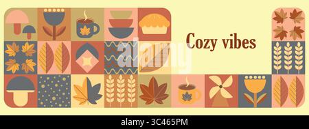 Collage géométrique de récolte automnale des vibrations d'automne. Bannières avec des éléments d'automne dans le style Bauhaus. Conception d'affiche d'automne. Illustration de Vecteur