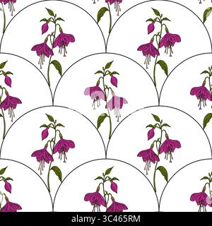 Un motif vectoriel sans couture avec des fleurs de fuchsia stylisées avec des pétales violets et des feuilles vertes, disposées dans une forme d'arc réfléchie sur un dos blanc Illustration de Vecteur