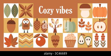 Collage géométrique de récolte automnale des vibrations d'automne. Bannières avec des éléments d'automne dans le style Bauhaus. Conception d'affiche d'automne. Illustration de Vecteur
