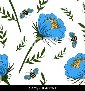Un motif vectoriel sans couture avec des fleurs bleues vibrantes avec des centres jaunes et des feuilles vertes, accompagné par de mignonnes abeilles avec des ailes bleues. La conception est Illustration de Vecteur