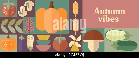 Collage géométrique de récolte automnale des vibrations d'automne. Bannières avec des éléments d'automne dans le style Bauhaus. Conception d'affiche d'automne. Illustration de Vecteur