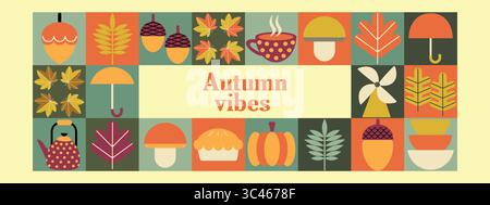 Collage géométrique de récolte automnale des vibrations d'automne. Bannières avec des éléments d'automne dans le style Bauhaus. Conception d'affiche d'automne. Illustration de Vecteur