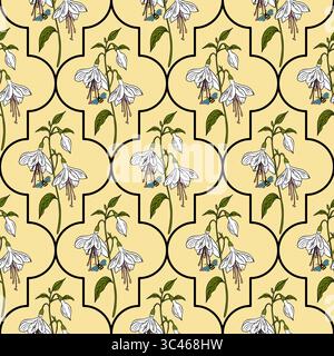 Un motif floral sans couture vectoriel avec des fleurs blanches avec des feuilles vertes sur un fond jaune doux. Le design est structuré avec un motif oriental Illustration de Vecteur