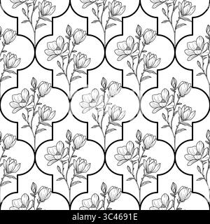 Un motif floral sans couture vectoriel avec des dessins au trait délicats de fleurs et de bourgeons sur un fond blanc, encadré par la forme de motif oriental. Illustration de Vecteur