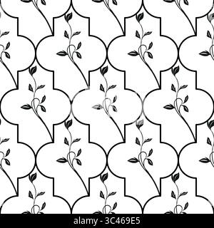 Un motif vectoriel sans couture avec des vignes noires élégantes avec des feuilles sur un fond blanc, disposées dans des formes de motif orientales. Illustration de Vecteur