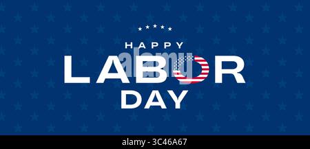 Logo texte Happy Labor Day sur fond de motif d'étoile, drapeau américain, bannière de carte typographique de lettrage USA Labor Day Illustration de Vecteur