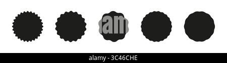 Autocollants vierges. Badges promotionnels noirs à bords ondulés. Ensemble d'autocollants de cercle. Étiquettes en forme d'éclat d'étoile pour le prix. Silhouette simple. Étiquettes plates vintage. Illustration de Vecteur
