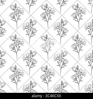 Un motif vectoriel sans couture avec des illustrations florales dessinées à la main. Le design met en valeur des fleurs et des feuilles délicates disposées dans un layou à grille de diamant Illustration de Vecteur