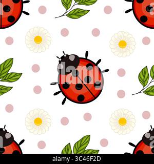 Un motif vectoriel fantaisiste mettant en vedette des coccinelles, des marguerites et des feuilles sur un fond blanc. Les coccinelles sont rouges avec des taches noires, entourées de l vert Illustration de Vecteur