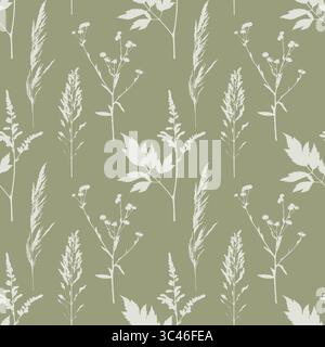 Motif avec des silhouettes de céréales et d'herbes de prairie d'été, motif textile vert dans des couleurs pastel avec des silhouettes de branches d'herbes sauvages et de fleurs. Illustration vectorielle Illustration de Vecteur