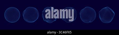 Sphère 3D. Globe numérique à points. Matrice globale abstraite filaire ou motif de particules maillées. Orbe de fil du monde. Structure de balle minimale. Planète ORB. Modèle à bulle. Figures amorphes. Jeu de formes rondes vectorielles Illustration de Vecteur