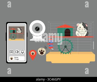 Illustration d'un système de surveillance d'animaux de compagnie avec un cobaye dans une cage, une webcam et un smartphone affichant un flux en direct. Concept pour animal de compagnie intelligent Illustration de Vecteur