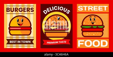 Affiches de hamburger. Personnages culinaires mignons. Mascotte de hamburger Kawaii. Restaurant grillé et café couverture de menu ou publicité. Conception du logotype. Illustration isolée plate de dessin animé vectoriel de cheeseburger drôle Illustration de Vecteur