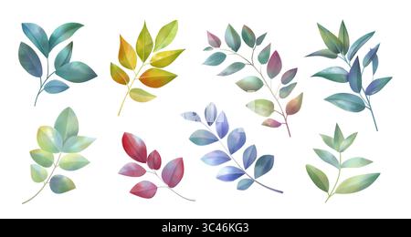 Feuille d'aquarelle. Feuilles de fleurs, branche de plantes florales vertes tropicales ou texture de feuillage de fougères. Peinture exotique. Eucalyptus naturel. Éléments décoratifs botaniques colorés. Illustration de verdure vectorielle Illustration de Vecteur