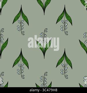 Un motif vectoriel sans couture avec des fleurs stylisées de lis de la vallée avec des feuilles vertes sur un fond vert muet. Illustration de Vecteur