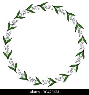 Un cadre floral circulaire orné de feuilles vertes et de délicates fleurs blanches, créant une bordure naturelle et élégante. Illustration de Vecteur