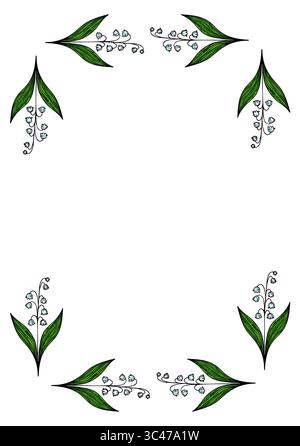 Une bordure florale décorative ornée de feuilles vertes et de délicates fleurs blanches, créant un design semblable à un cadre adapté aux invitations ou à la papeterie. Illustration de Vecteur