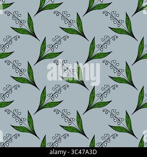 Un motif vectoriel sans couture avec des fleurs délicates de lis de la vallée avec des feuilles vertes sur un fond bleu doux. Illustration de Vecteur