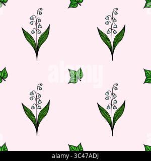 Un motif vectoriel sans couture avec des fleurs délicates de lis de la vallée avec des fleurs blanches en forme de cloche et des feuilles vertes, placées contre un backgr rose doux Illustration de Vecteur
