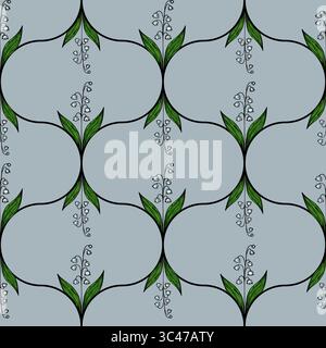 Un motif vectoriel sans couture avec des feuilles vertes stylisées et des éléments floraux délicats sur un fond bleu doux. La conception est symétrique et elegan Illustration de Vecteur