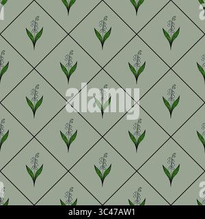 Un motif vectoriel sans couture avec des feuilles vertes stylisées et des fleurs blanches délicates disposées dans une grille de diamant sur un fond vert sourd. Illustration de Vecteur