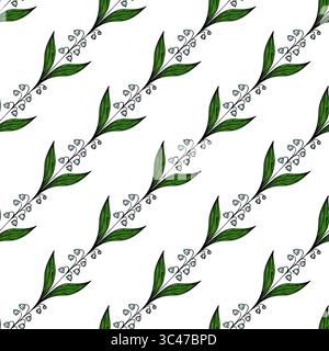 Un motif vectoriel sans couture avec de délicates feuilles vertes et de petites fleurs blanches de lis de la vallée, disposées en diagonale sur un backgro blanc Illustration de Vecteur