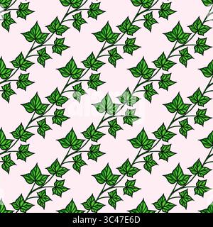 Un motif sans couture vectoriel avec des feuilles de lierre vertes sur un fond rose doux. Les feuilles sont détaillées et vibrantes, créant une aest naturelle et fraîche Illustration de Vecteur