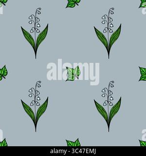 Un motif vectoriel sans couture avec des fleurs stylisées de lis de la vallée et des feuilles vertes sur un fond bleu clair. Illustration de Vecteur