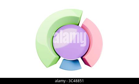 Logo 3D moderne d'un diagramme circulaire avec des segments pastel brillants en vert, rose et bleu disposés autour d'un noyau circulaire central. Banque D'Images