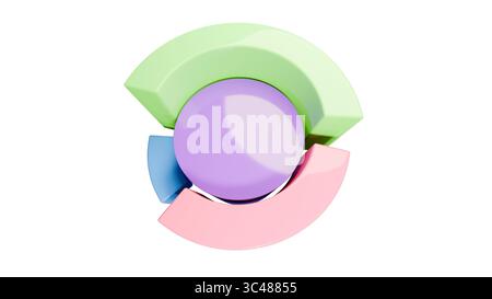 Logo 3D moderne d'un diagramme circulaire avec des segments pastel brillants en vert, rose et bleu disposés autour d'un noyau circulaire central. Banque D'Images