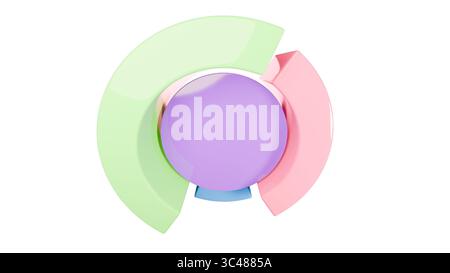 Logo 3D moderne d'un diagramme circulaire avec des segments pastel brillants en vert, rose et bleu disposés autour d'un noyau circulaire central. Banque D'Images