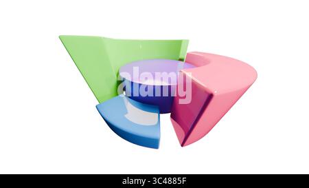 Logo 3D moderne d'un diagramme circulaire avec des segments pastel brillants en vert, rose et bleu disposés autour d'un noyau circulaire central. Banque D'Images